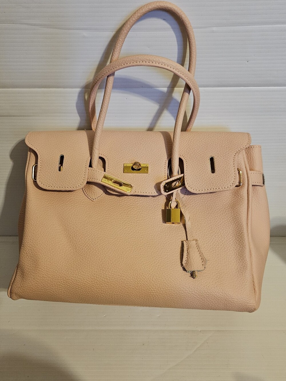 Classic Birkin Style Baby Pink Genuine Leather Structured Handbag Made in Italy
